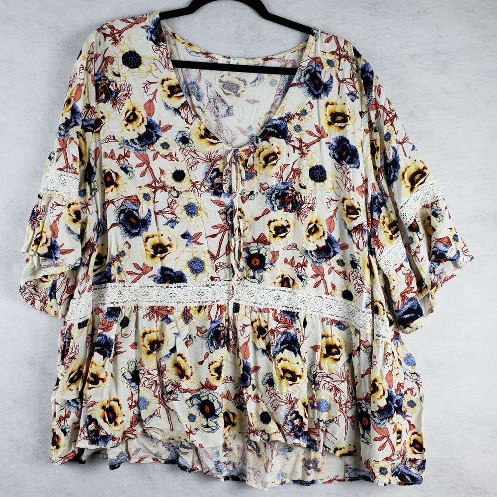 Maurices Women's 3X Wildflower Floral Short Sleeve Peasant Top Boho Lace Trim
